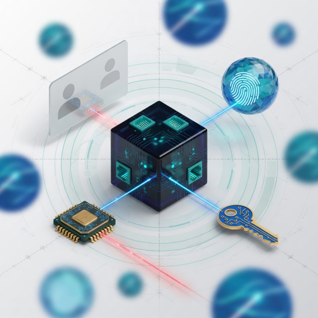 MCP server cube at the centre, linked to an agent fingerprint, a key, a chip, and a human owner, with a risk glow.